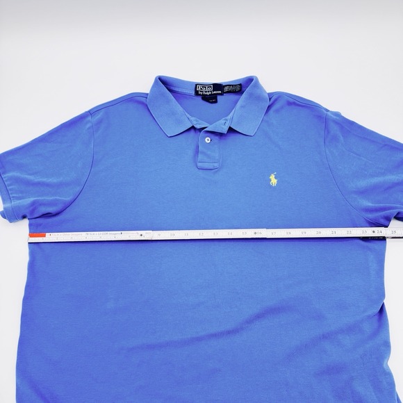 Vtg Ralph Lauren Polo Shirt XXL Blue Solid Short Yellow Pony Sleeve Mens Soft - Picture 7 of 8